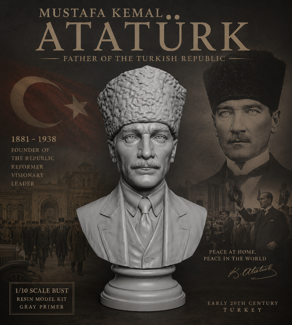 Mustafa Kemal Atatürk – Busto Storico in Resina o PLA Effetto Marmo
