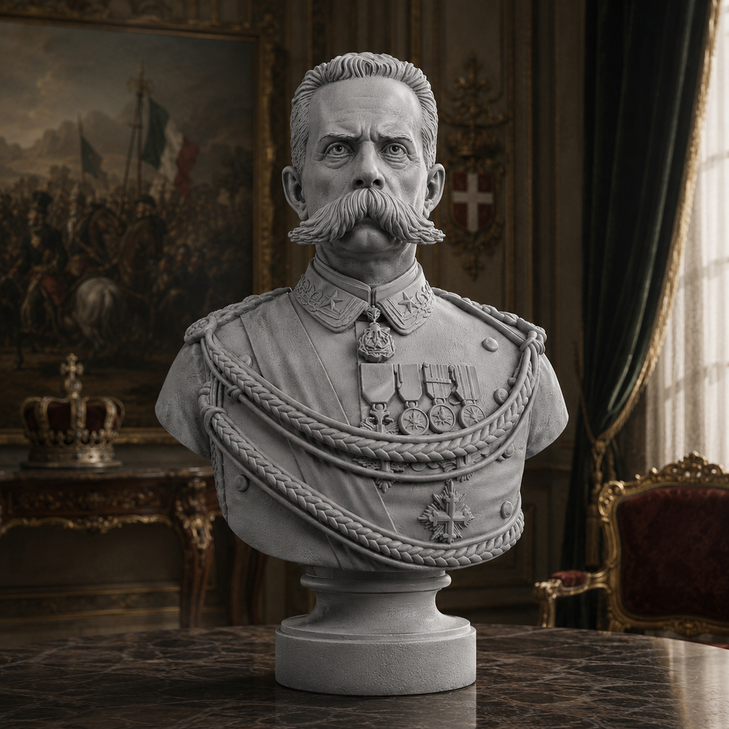 Busto Umberto I – busto da collezione in resina premium o PLA effetto marmo, vista frontale