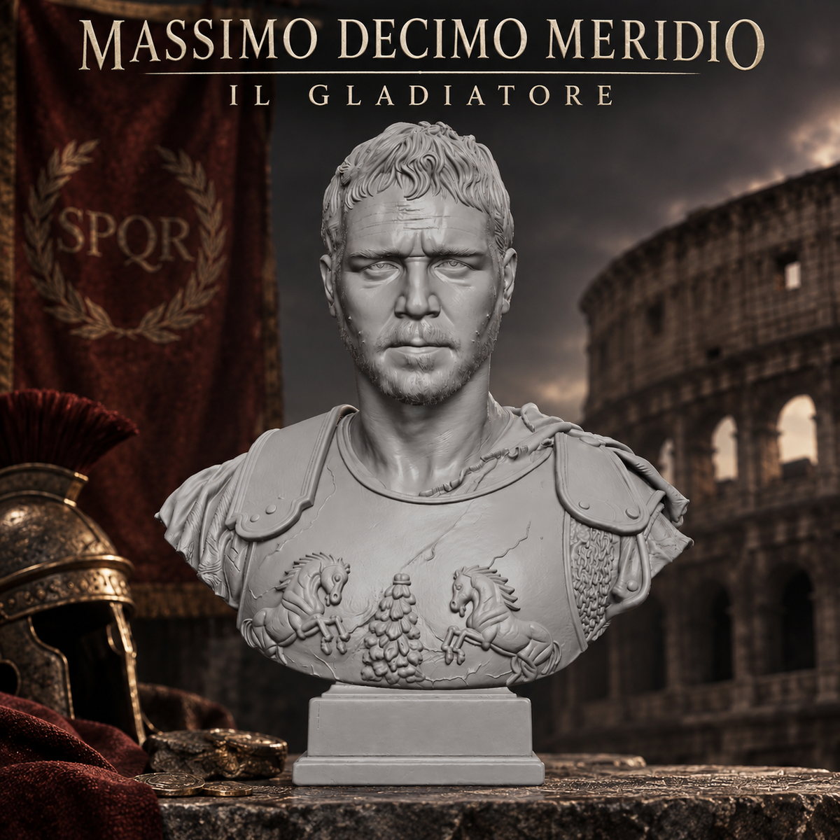 Busto del Gladiatore Massimo Decimo Meridio – busto da collezione in resina premium o PLA effetto marmo, vista frontale