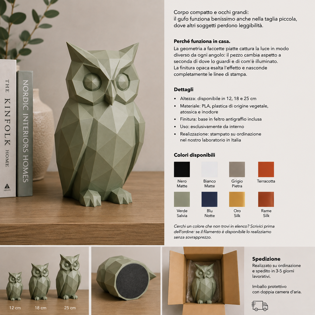 Gufo Low Poly – Scultura Geometrica da Arredo